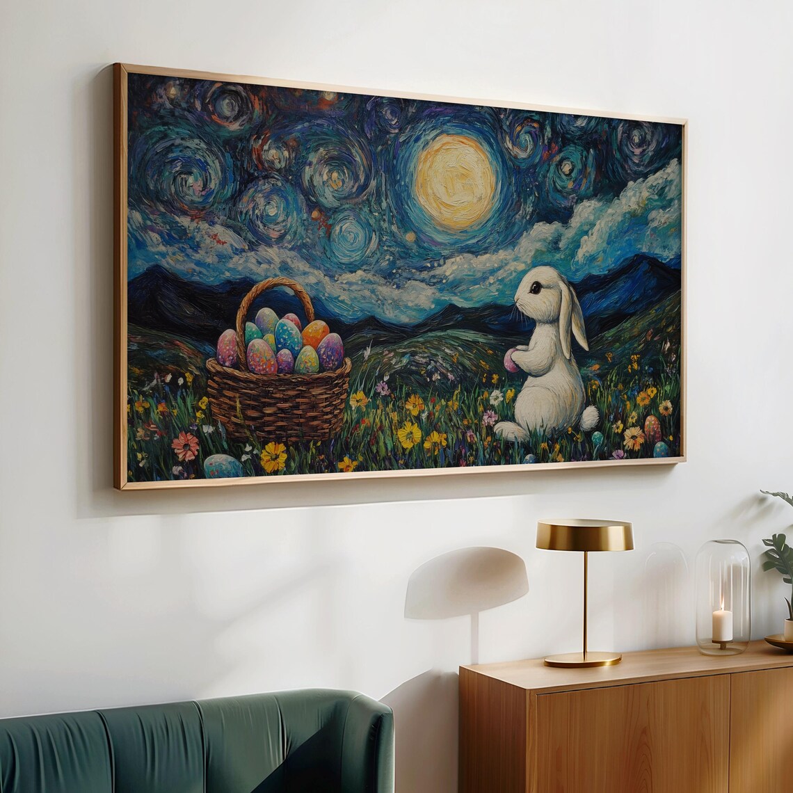 Easter Bunny With Egg Basket Under Starry Swirling Night Sky Wildflower Print - Image 2