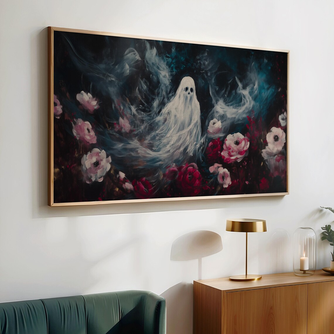 Ethereal Ghost in a Dark Floral Night Garden Moody Halloween Oil Painting Wall Art - Image 4