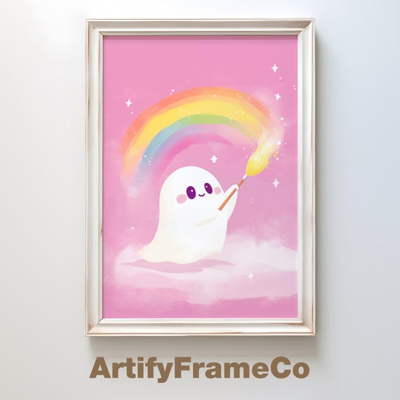 Cute Ghost Painting Rainbow Art Kawaii Halloween Decor Trendy Wall Art Pastel Ghost Print Kids Room Decor