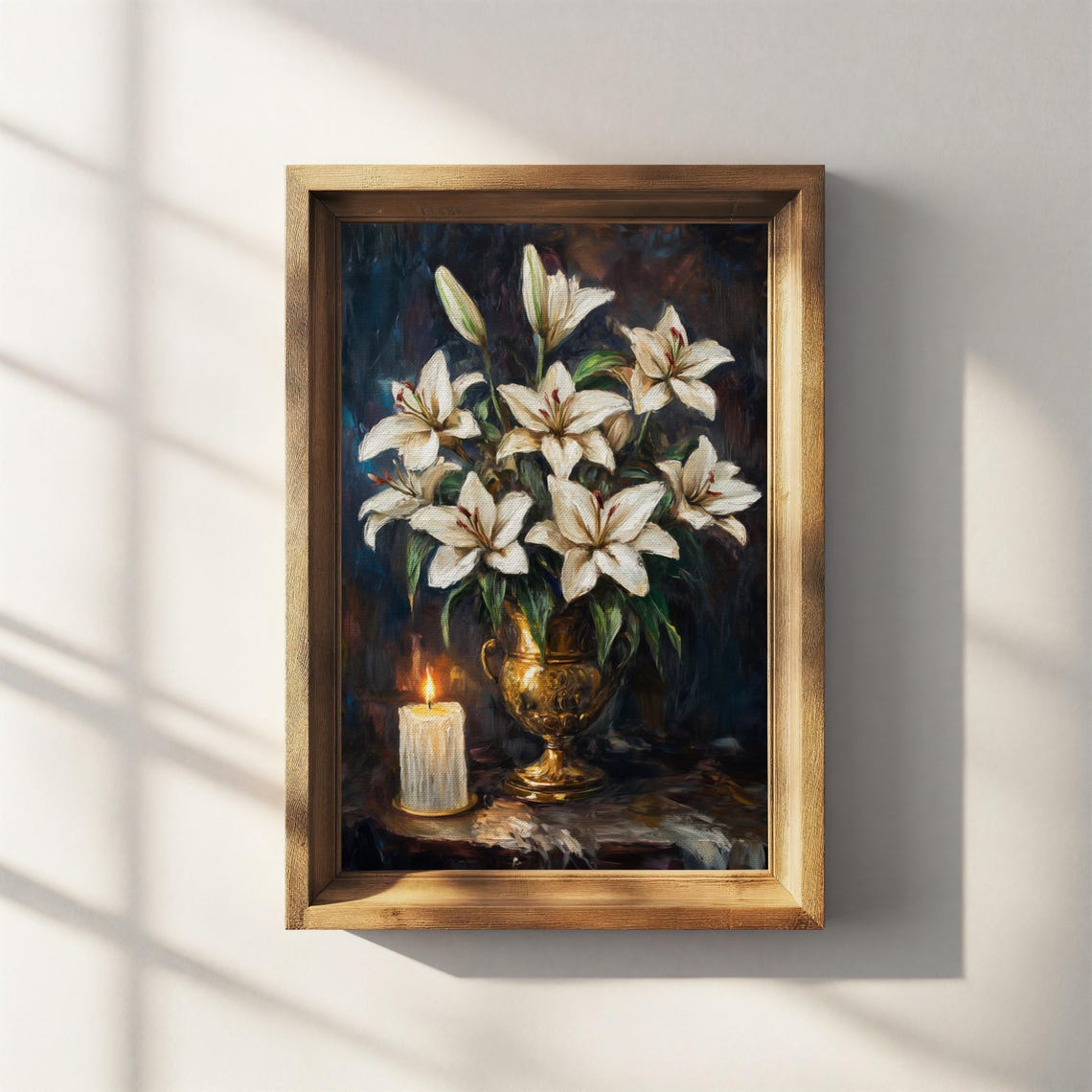 White Lilies Golden Urn Lit Candle Moody Classical Still Life Poster - Image 3