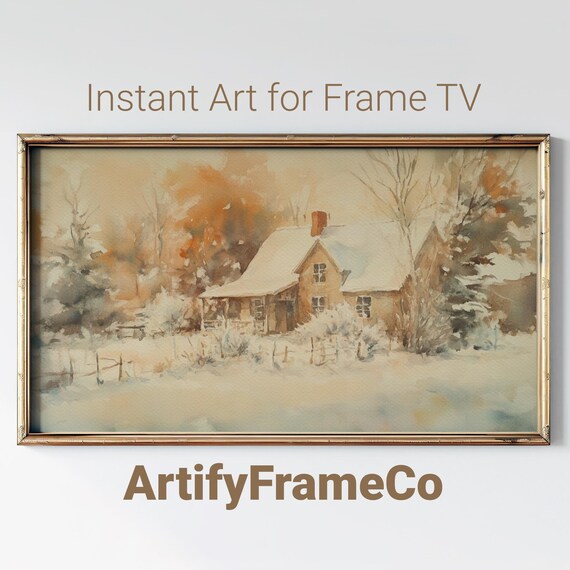 Cozy Snowy Cottage Watercolor Winter Landscape Rustic Home Art Poster