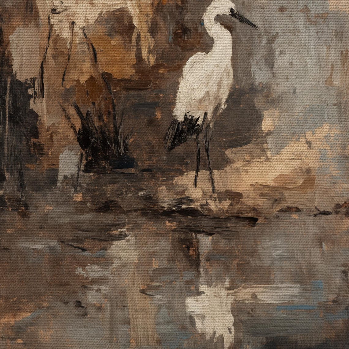 White Egret Wading Abstract Marsh Painting Earthy Tones Art Poster - Image 4