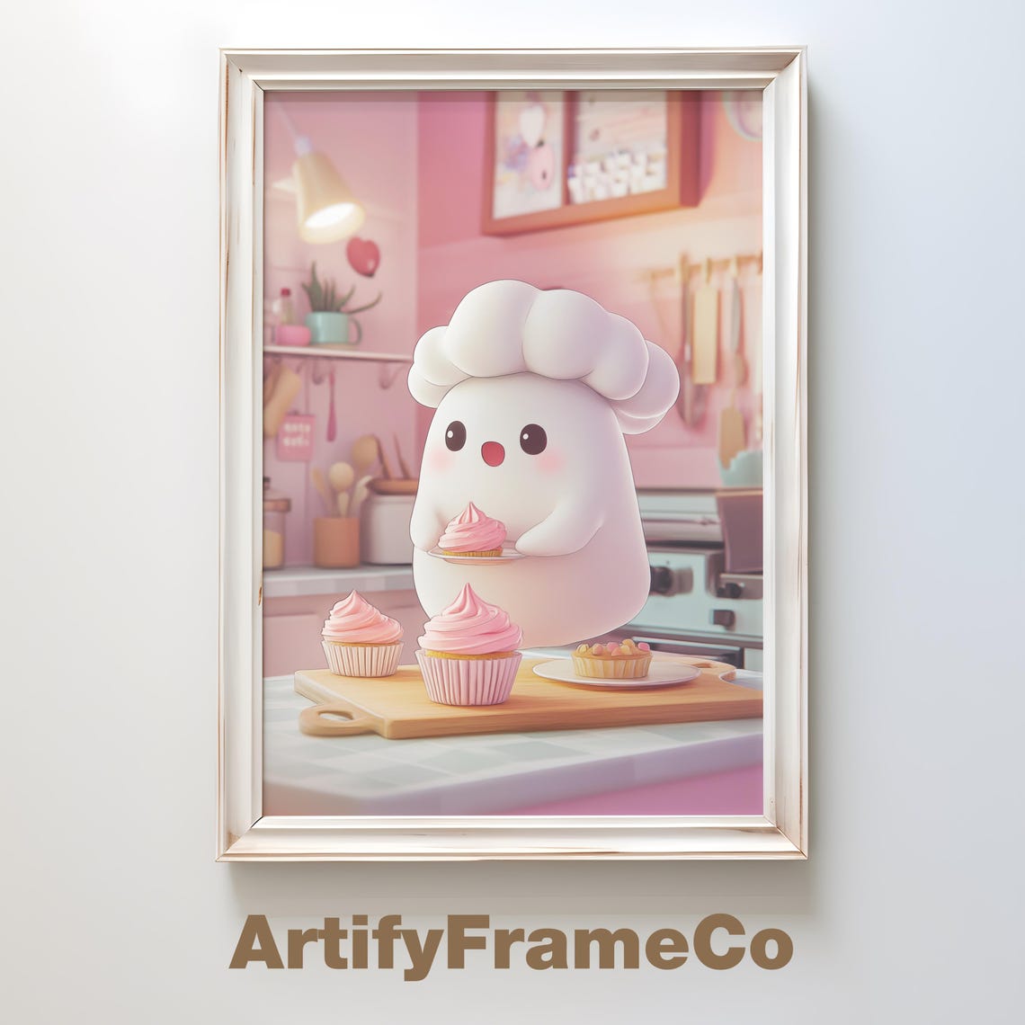 Cute Ghost Chef Baking Cupcakes Art Kawaii Halloween Decor Trendy Kitchen Wall Art Pastel Ghost Print Wall