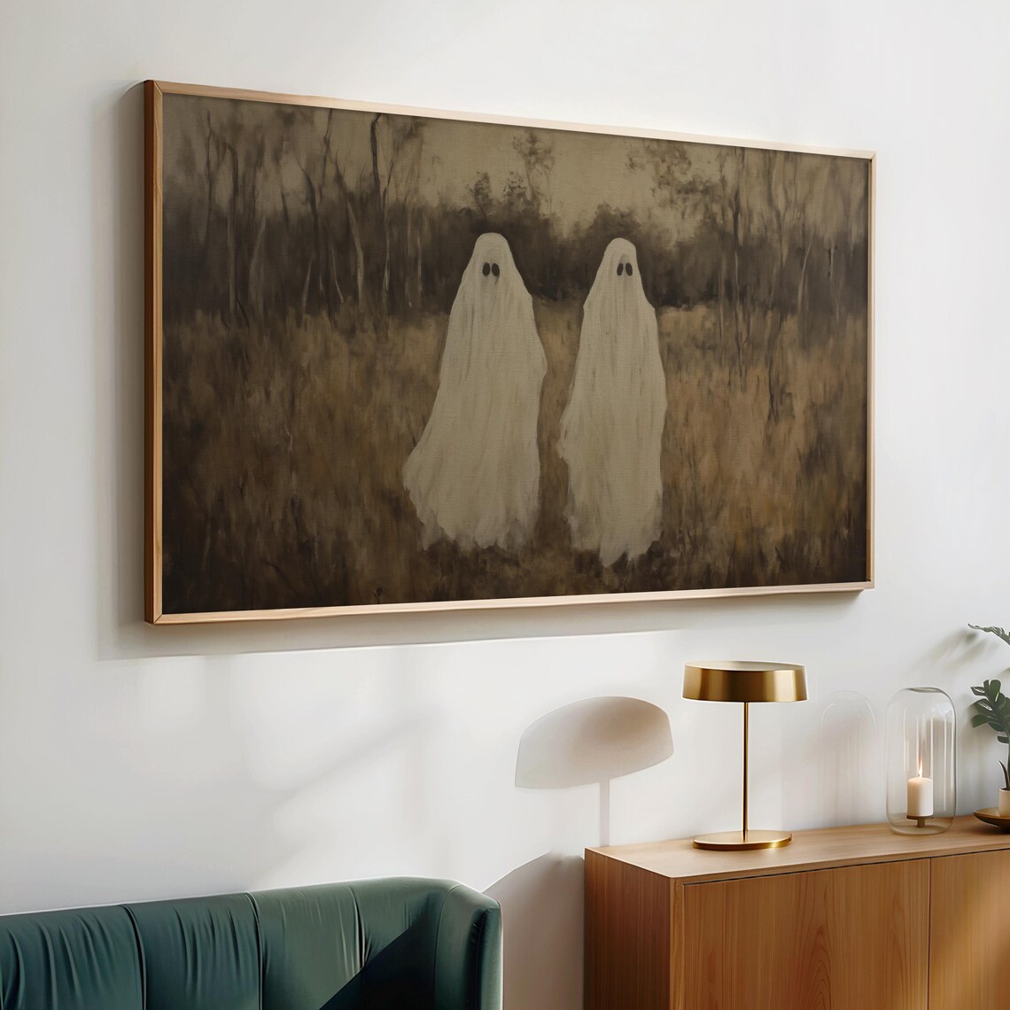 Two Ghosts Standing in a Golden Field at Dusk Sepia Vintage Halloween Wall Art - Image 4