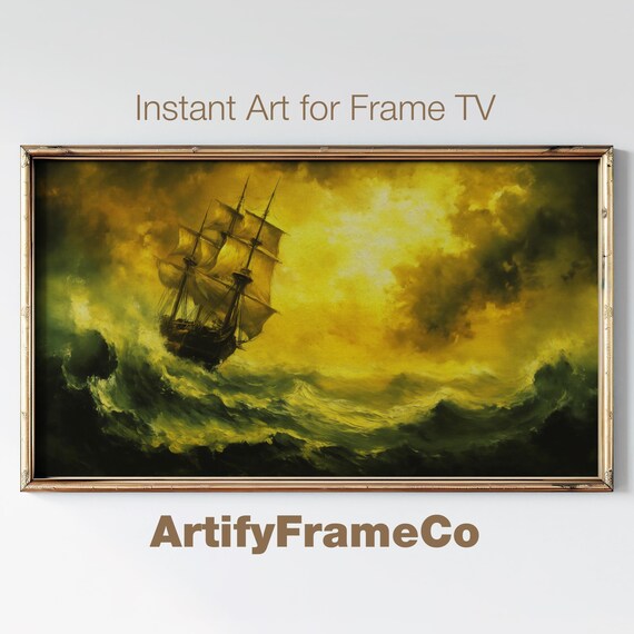Vintage Stormy Sea Nautical Frame Tv Art Moody Ship Oil Painting Frame Tv Art Rustic Maritime Decor Dark Frame Tv Art Tv0056