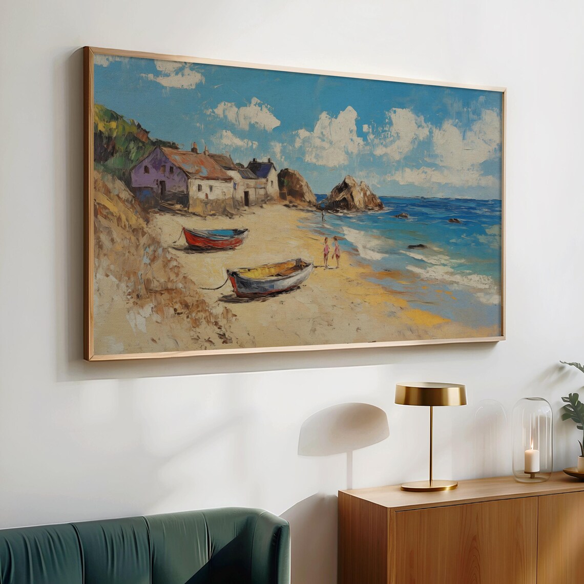 Sunny Fishing Village Beach Boats Vintage Coastal Summer Painting Poster - Image 2