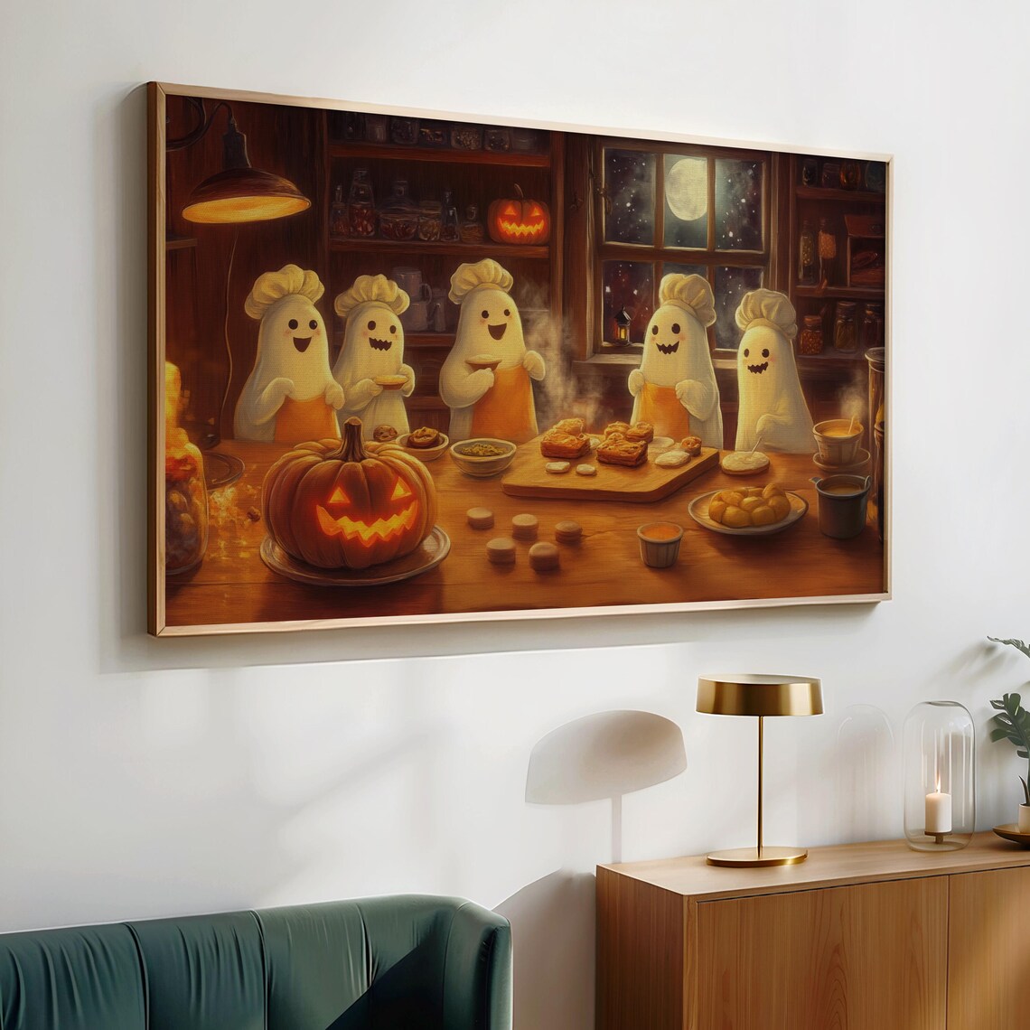 Ghost Chefs Baking Halloween Treats in a Cozy Kitchen Vintage Whimsy Wall Art - Image 4