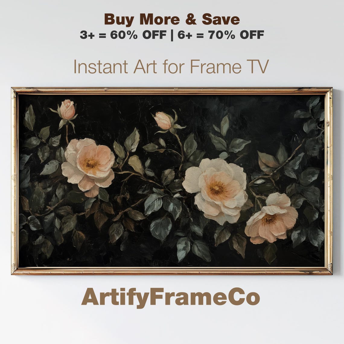 Moody Blush Wild Roses Black Background Vintage Frame TV Art Poster