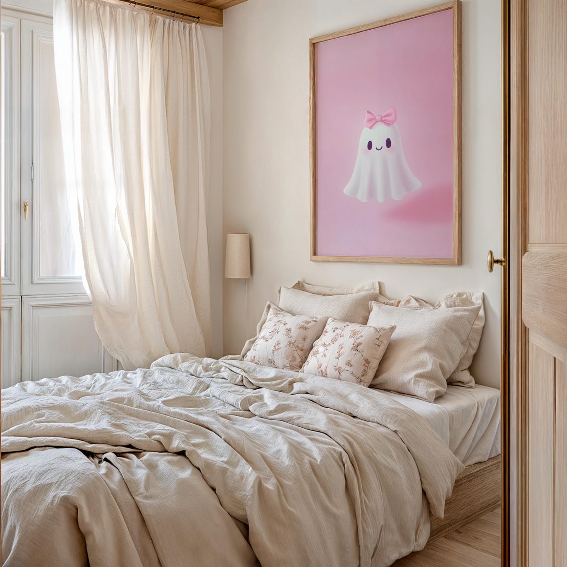 Cute Ghost With Pink Bow Wall Art Trendy Halloween Decor Coquette Aesthetic Girly Ghost Painting Wall Decor - Image 2
