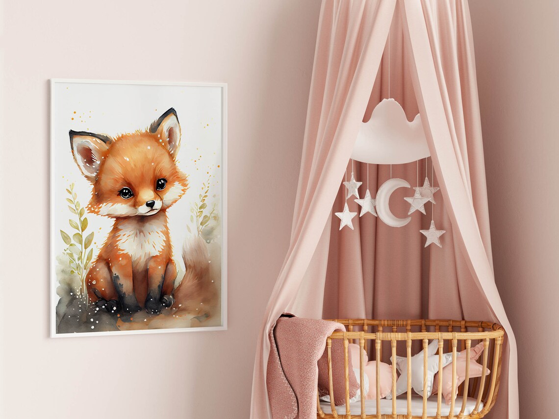 Watercolor Baby Fox Cub Nursery Print Golden Splashes Woodland Kids Art - Image 2
