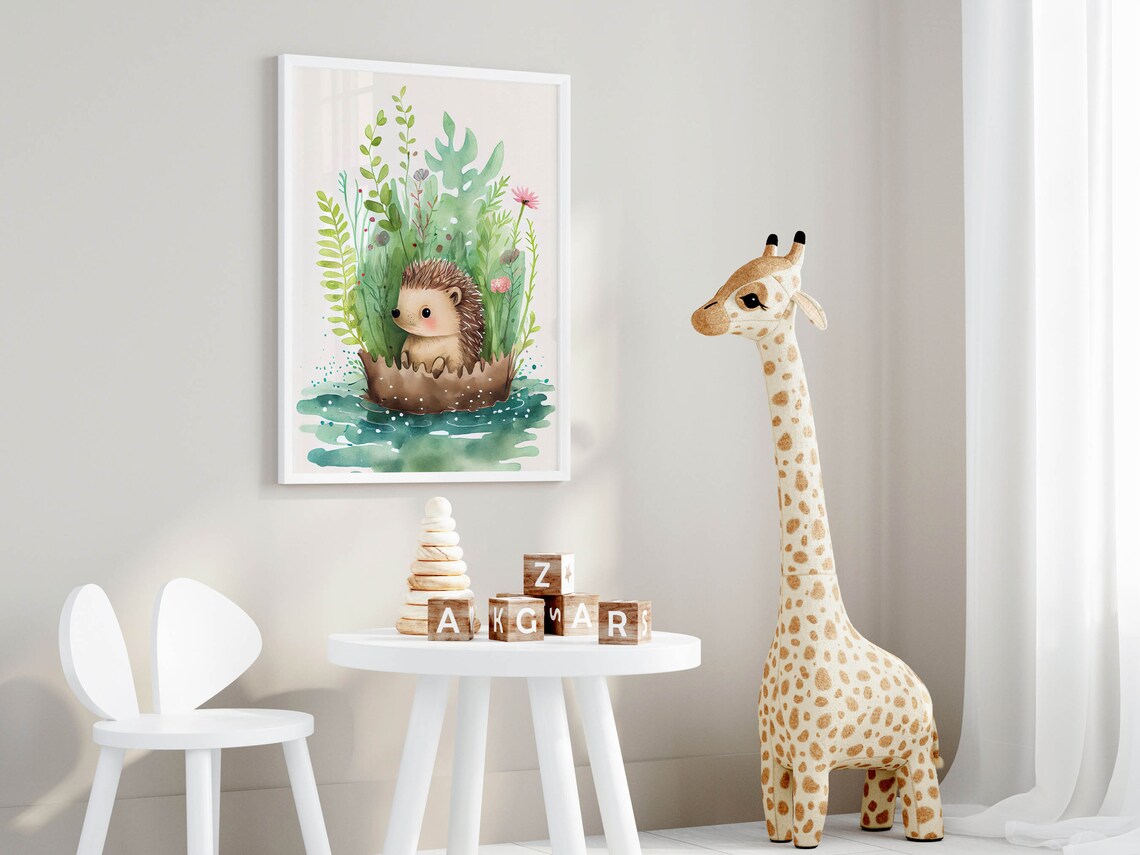 Cute Hedgehog Watercolor Nursery Print Woodland Baby Animal Kids Decor - Image 2