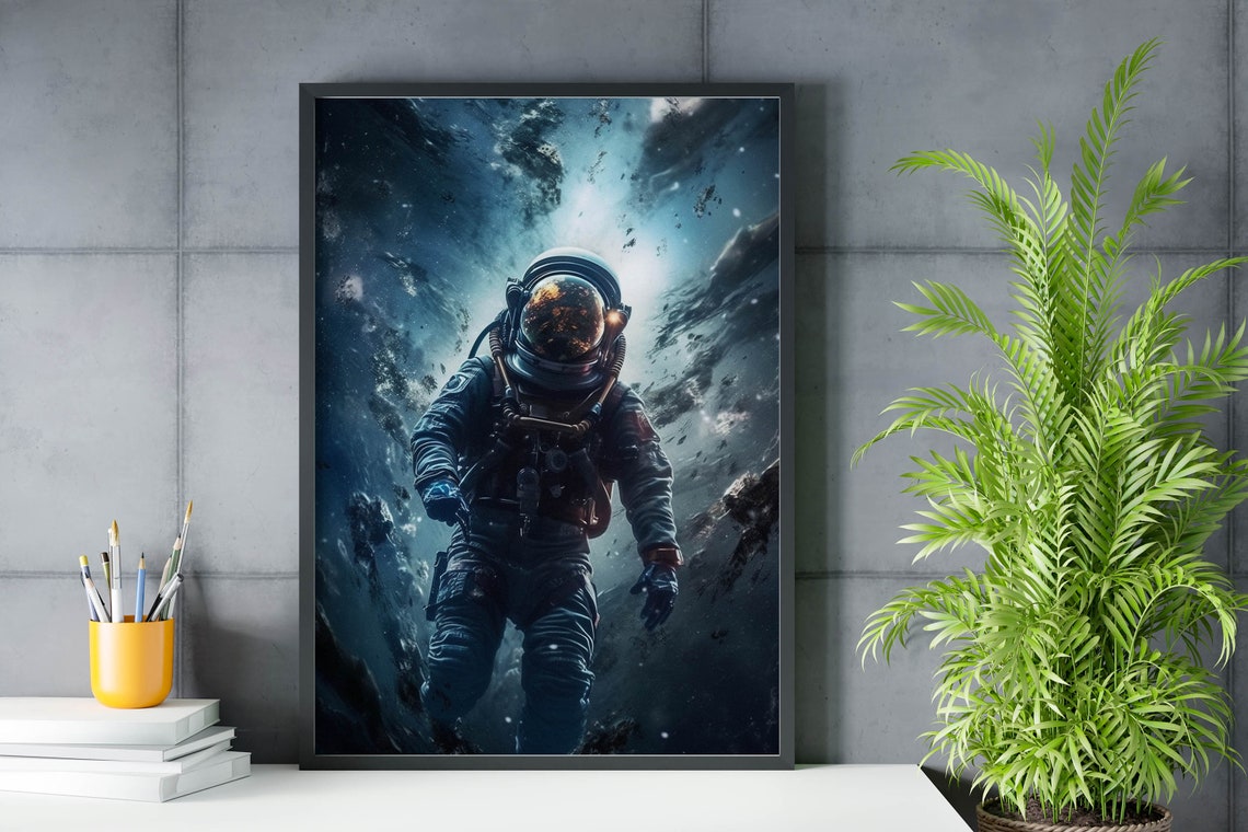 Astronaut Drifting in Asteroid Field Glowing Visor Cosmic Poster - Image 2