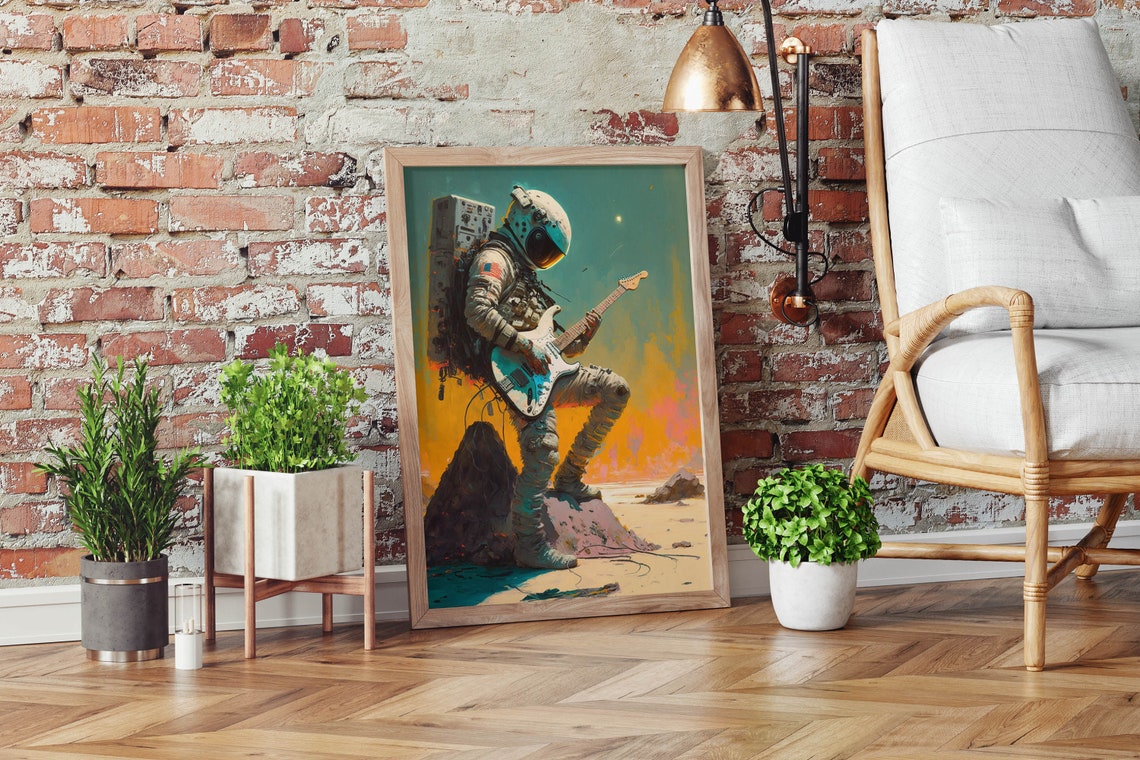 Astronaut Playing Electric Guitar on Mars Painterly Rock Star Poster - Image 2