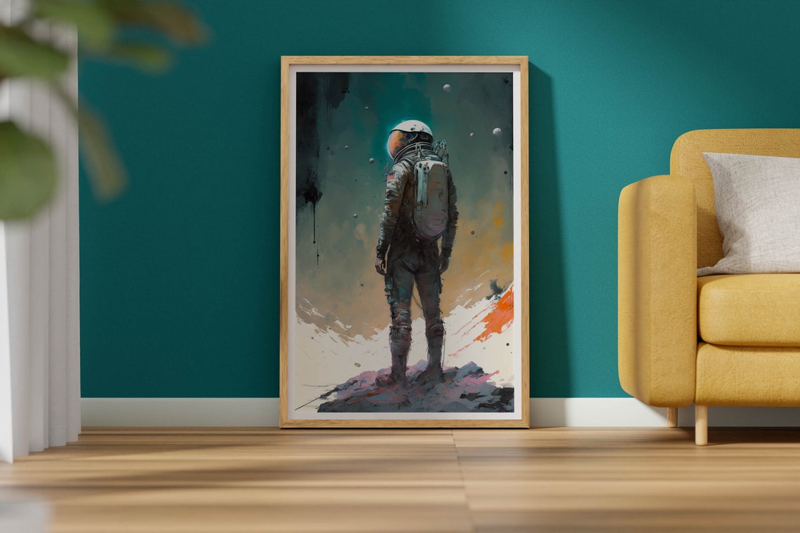 Painterly Astronaut Moon Surface Walk Muted Teal Space Art Poster - Image 2