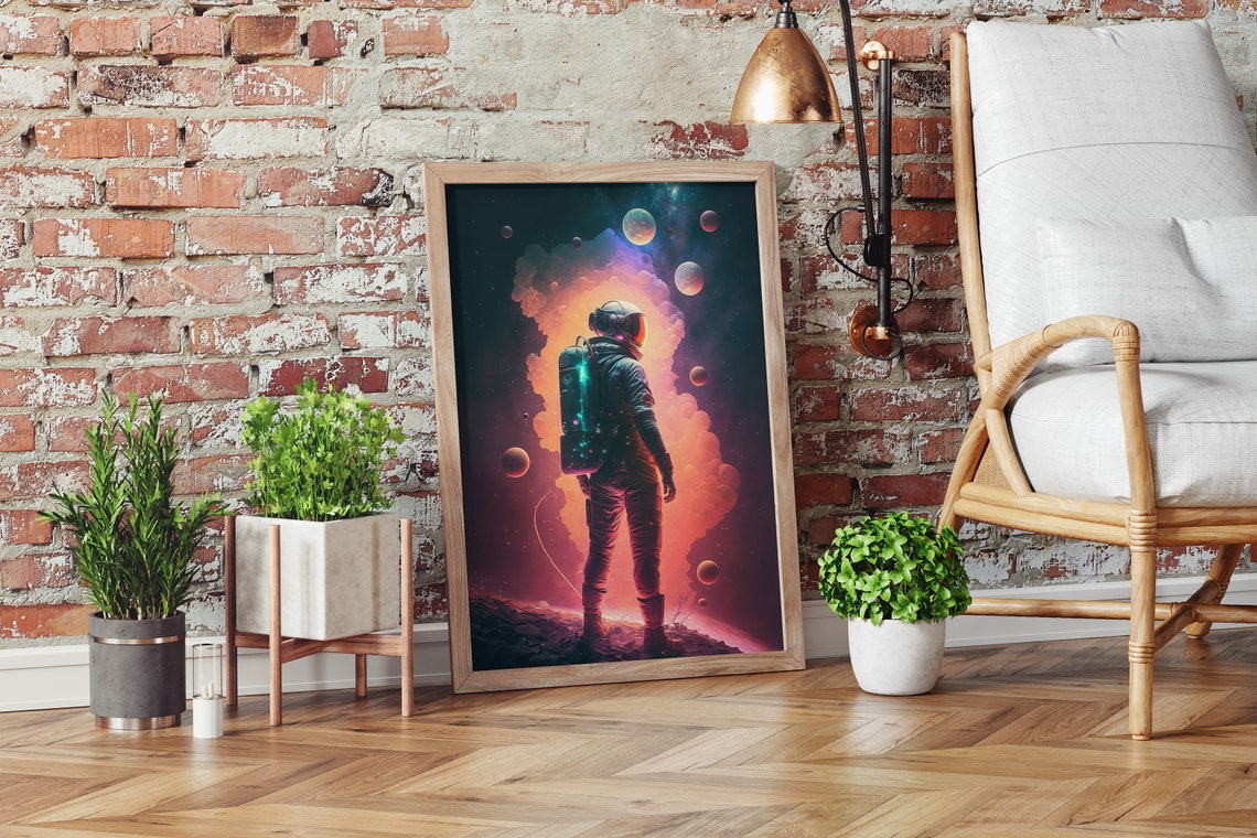 Astronaut Gazing at Colorful Nebula Planets Back View Space Poster - Image 2