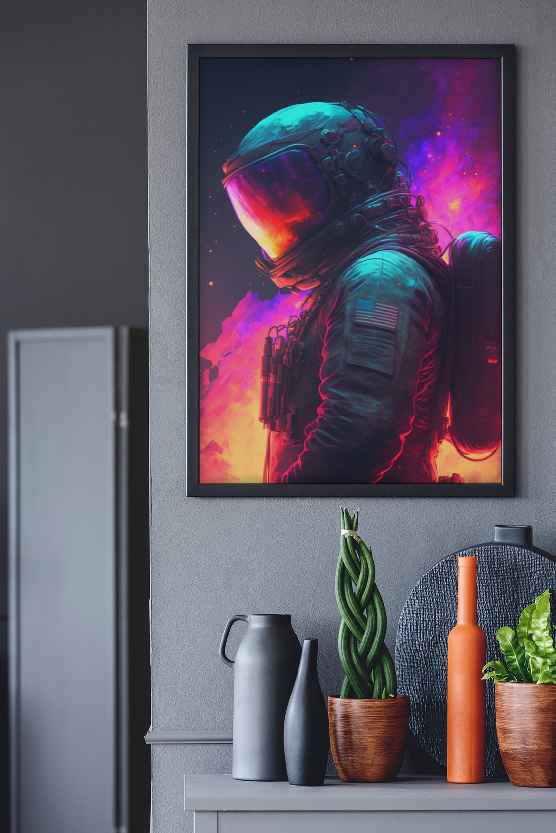 Astronaut Neon Portrait Poster Pink Purple Visor Fire Reflection Art - Image 2