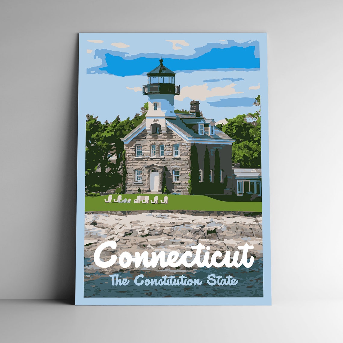 Connecticut The Constitution State Stone Lighthouse Vintage Poster