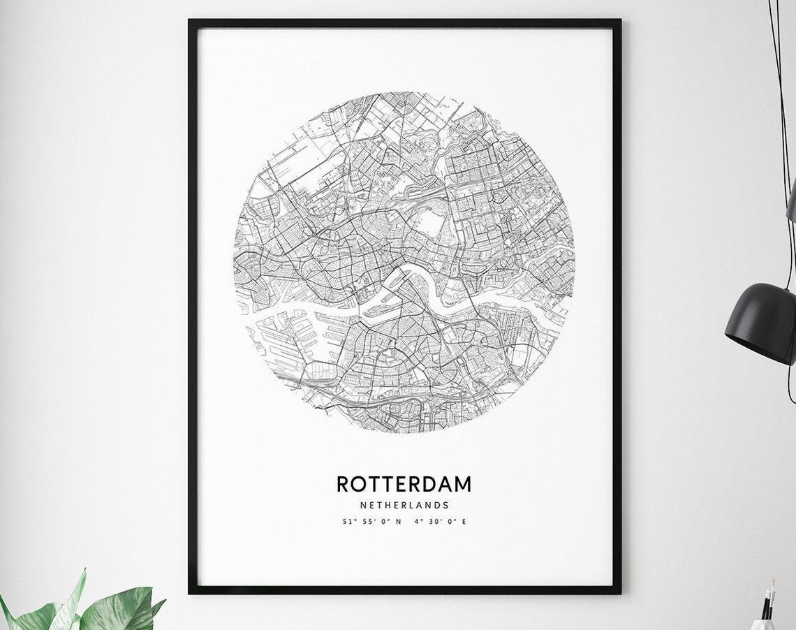 Rotterdam Map Print Netherlands Art Poster City Street Prints Black White Modern Minimalist Office Decor Wall