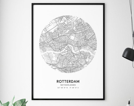 Rotterdam Map Print Netherlands Art Poster City Street Prints Black White Modern Minimalist Office Decor Wall