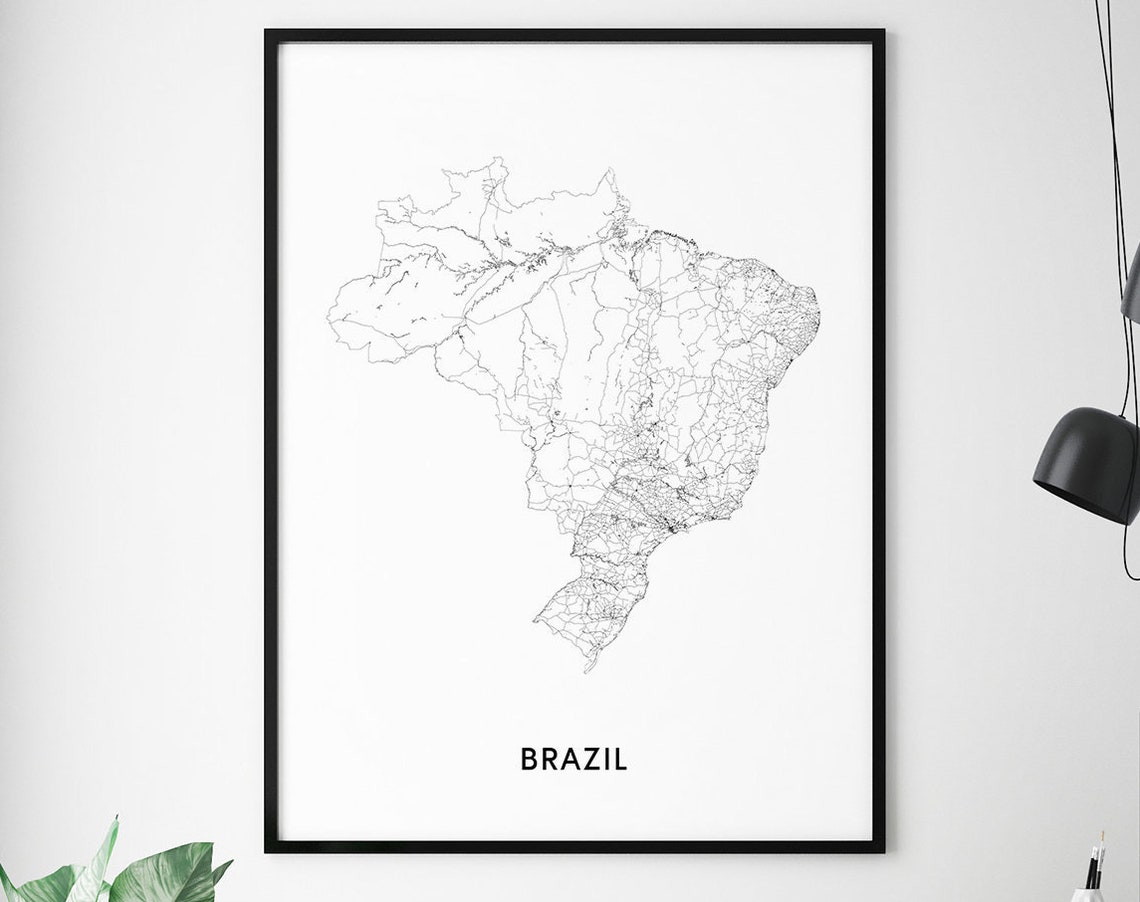 Brazil Map Print Art Poster Country Black White Modern Wall Contemporary Home Office Decor
