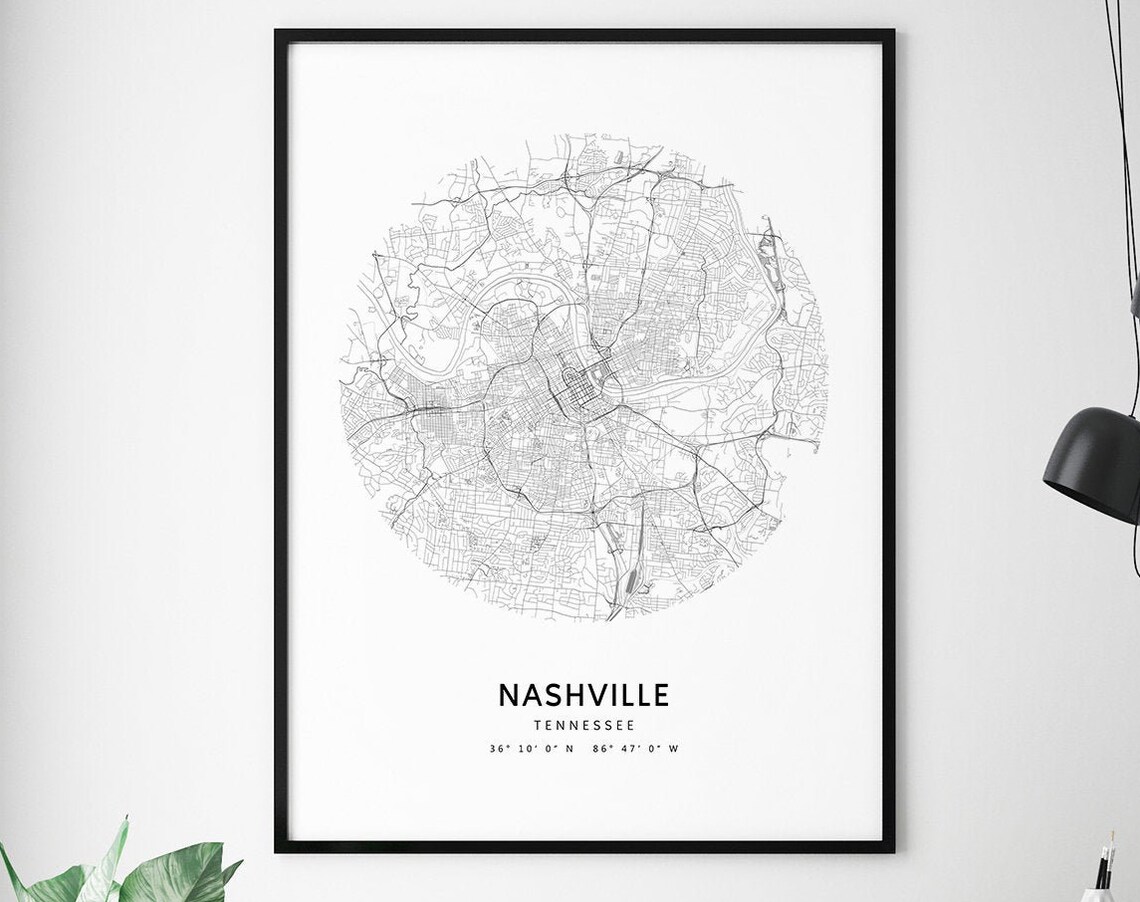 Nashville Tennessee Circular Street Map Poster with Coordinates
