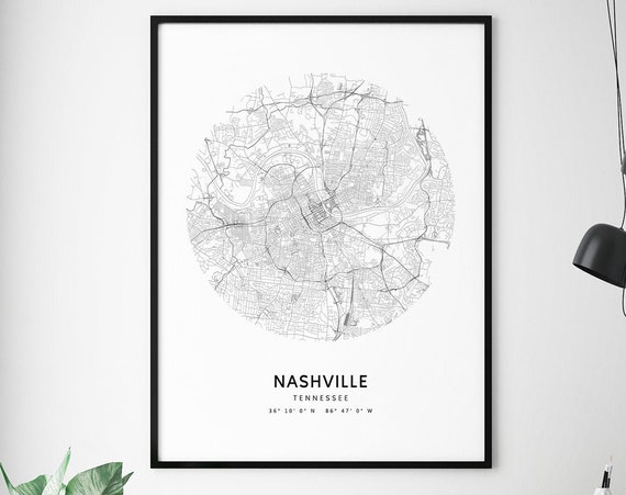 Nashville Map Print Tennessee Art Poster City Street Black And White Modern Minimalist Office Decor Wall