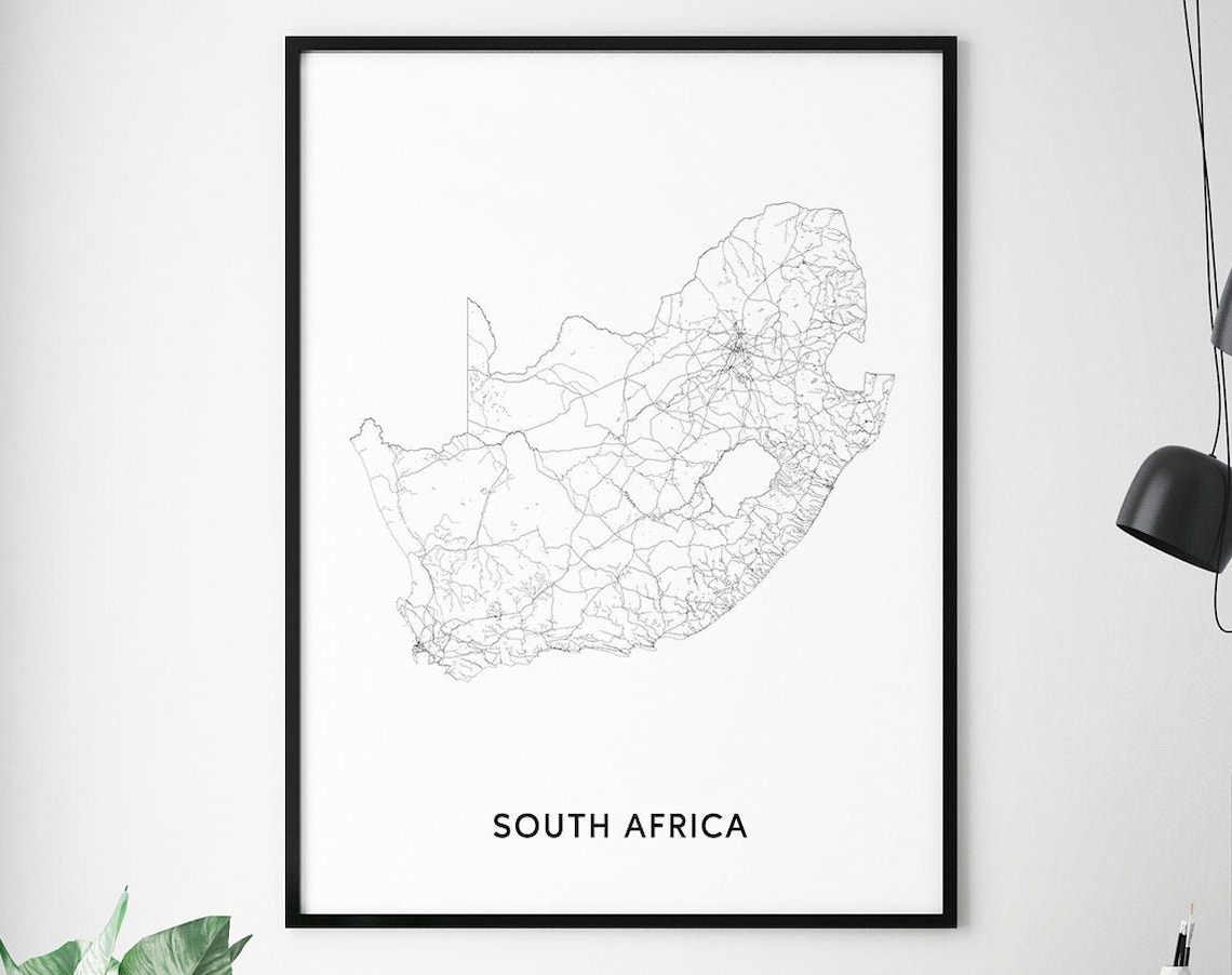 South Africa Map Print, Black White Minimalist Poster