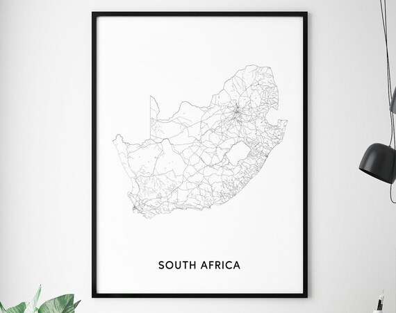 South Africa Map Print, Black White Minimalist Poster