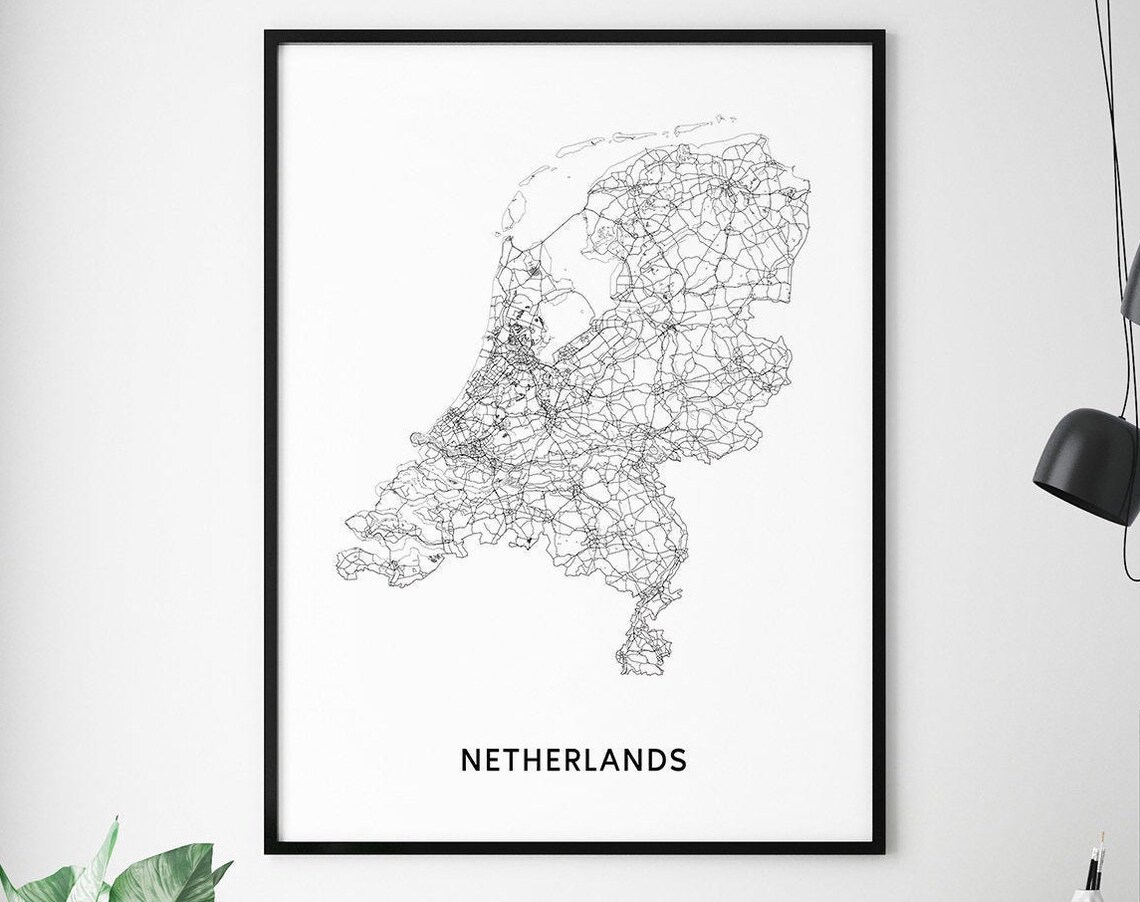 Netherlands Map Print, Black White Modern Office Decor