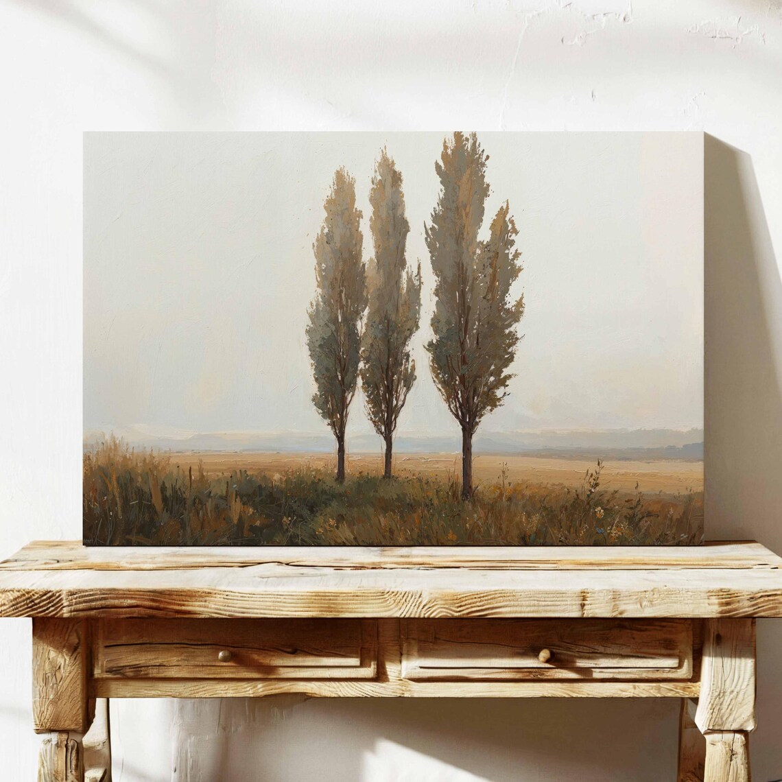 Three Poplar Trees Misty Field Neutral Minimalist Landscape Art Print