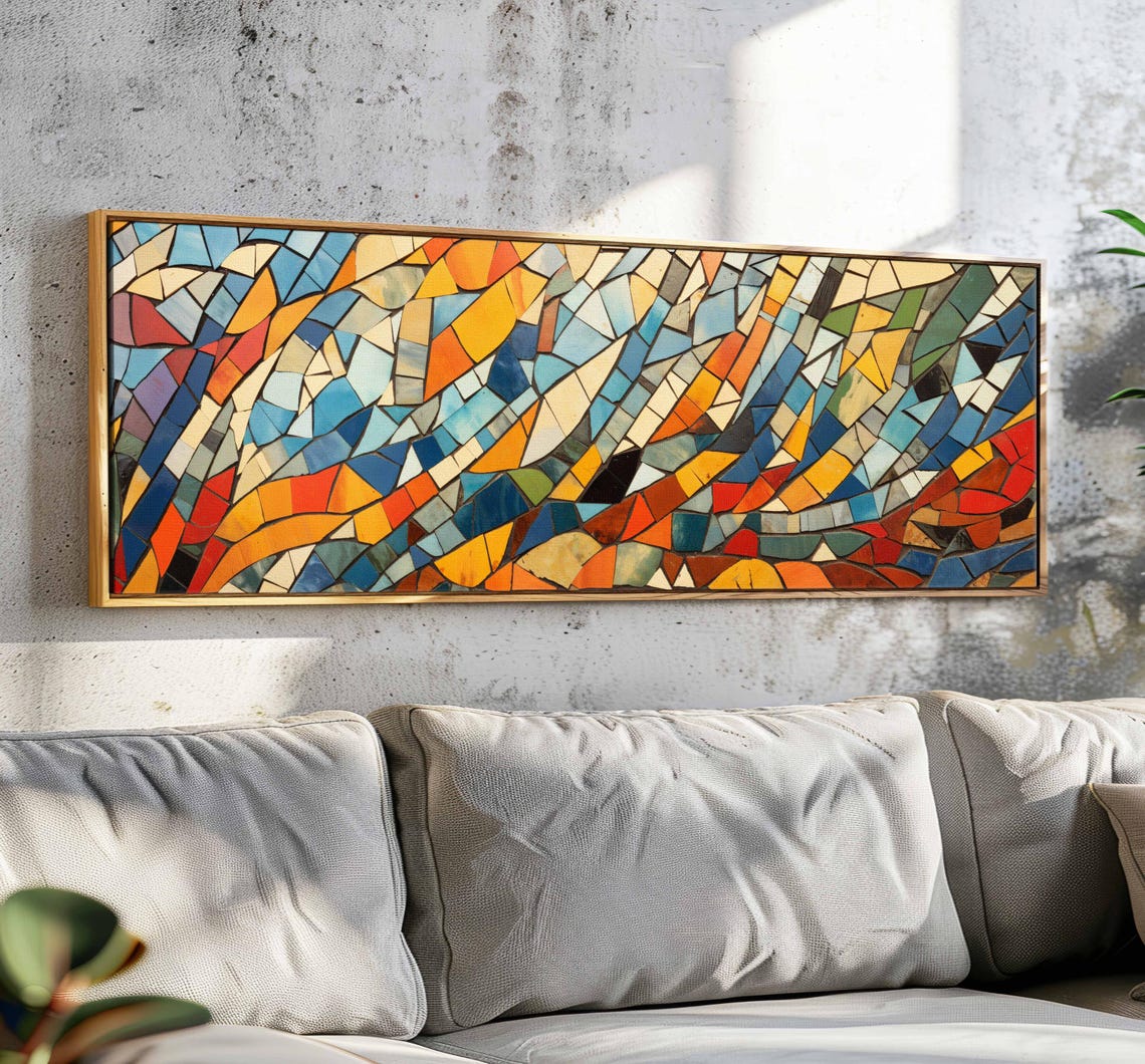 Colorful Flowing Shard Mosaic Abstract Blue Orange Panoramic Art Print