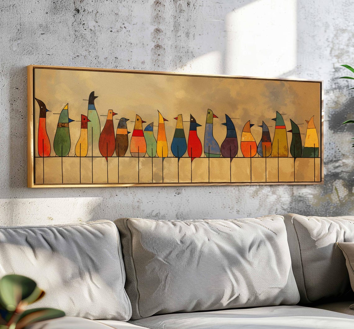 Tall Folk Art Birds On Wire Warm Gold Panoramic Minimalist Art Print