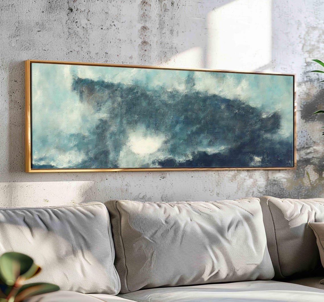 Abstract Moody Whale Wall Art Framed Panoramic Wall Art Horizontal Wall Art Framed Large Nautical Print Wide Whale Art Above Bed Decor
