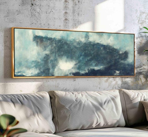 Abstract Moody Whale Wall Art Framed Panoramic Wall Art Horizontal Wall Art Framed Large Nautical Print Wide Whale Art Above Bed Decor