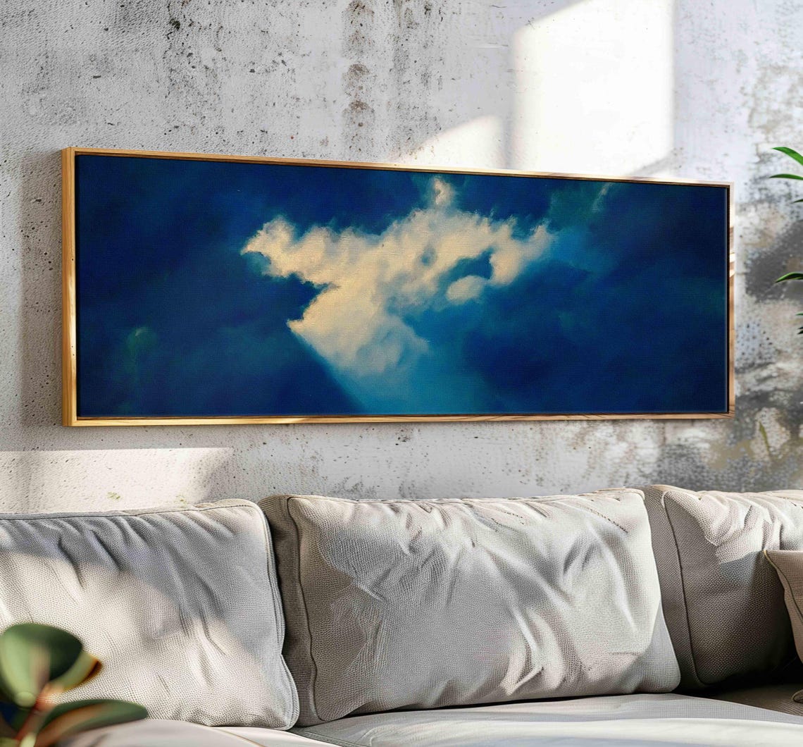 White Cloud Cobalt Blue Sky Minimalist Panoramic Cloud Art Print