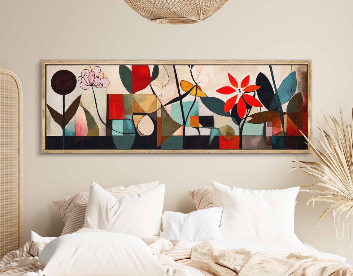 Mid Century Modern Geometric Floral Red Blooms Abstract Wall Art - Image 2