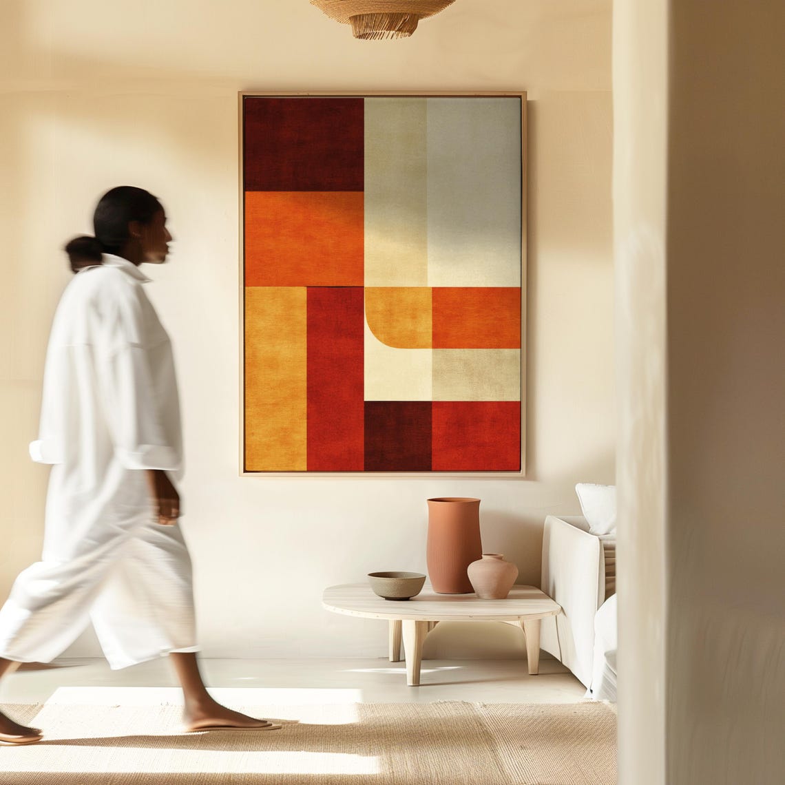 Mid Century Modern Geometric Block Abstract Red Orange Cream Wall Art - Image 4