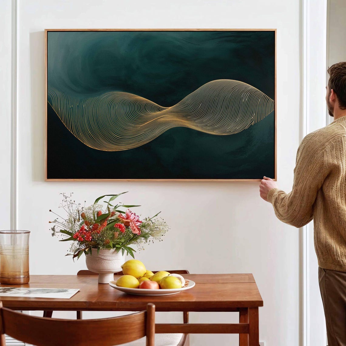 Gold Ribbon Wave Emerald Green Large Horizontal Minimalist Art Poster - Image 4