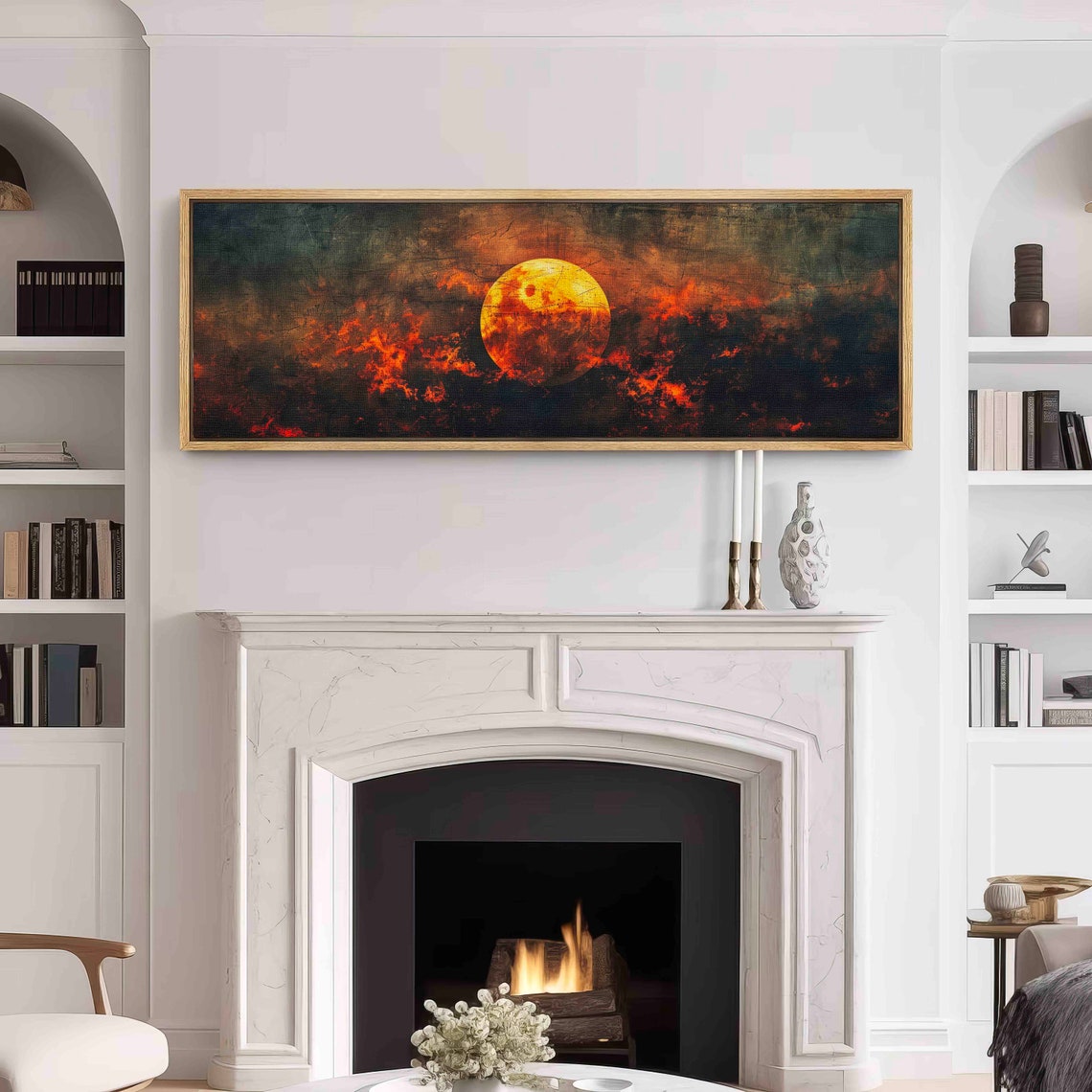 Fiery Moon Behind Dark Red Clouds Moody Night Sky Panoramic Wall Art - Image 2