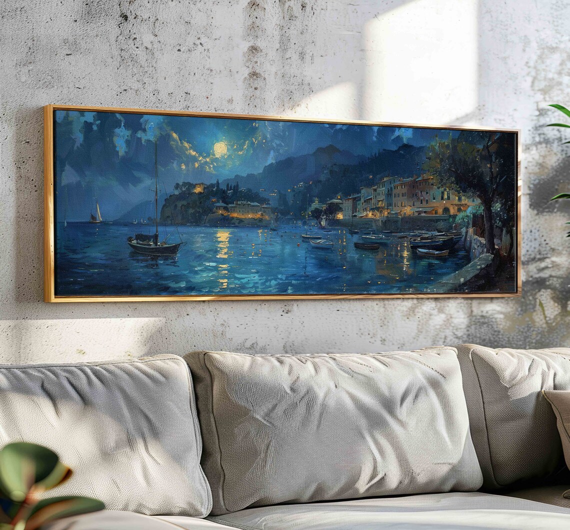Portofino Italy Moonlit Harbor With Boats at Night Travel Poster