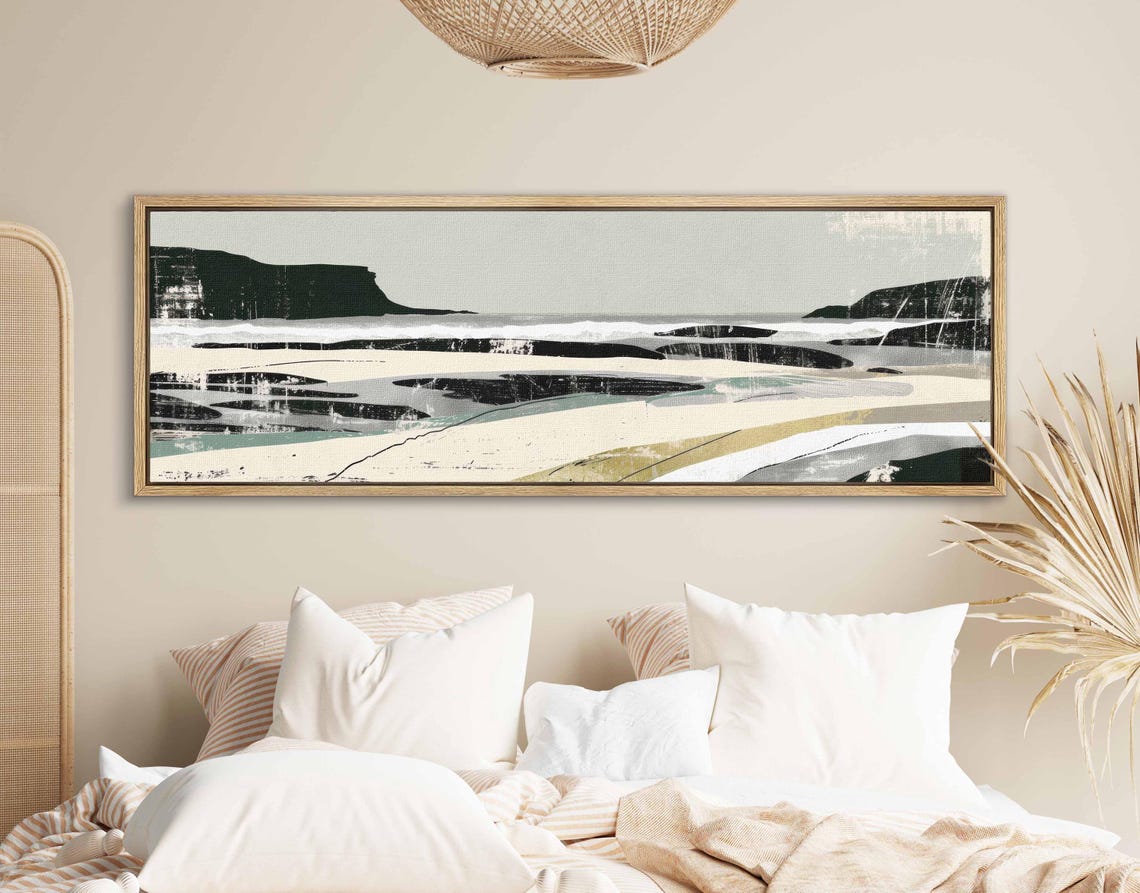 Abstract Coastal Cliffs Waves Neutral Tones Panoramic Framed Art Print - Image 2