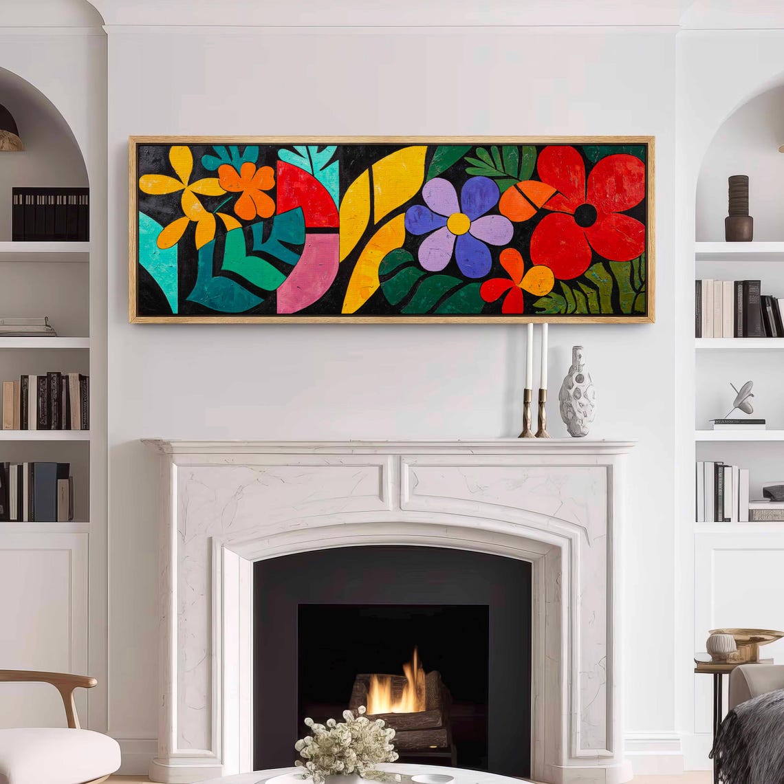 Bright Bold Colorful Abstract Flowers on Black Panoramic Print - Image 3