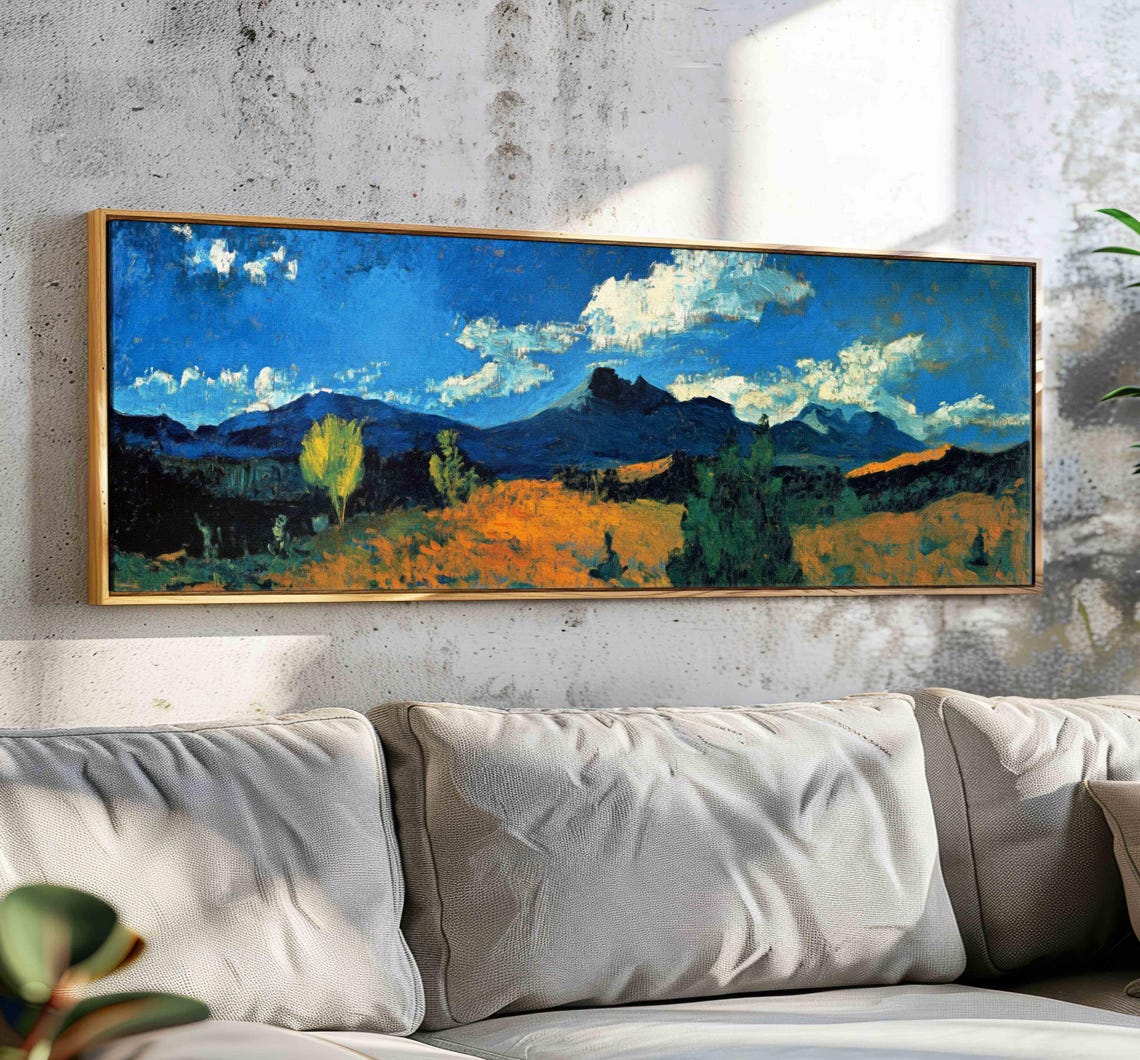 Golden Autumn Field Dark Mountains Dramatic Blue Sky Landscape Print