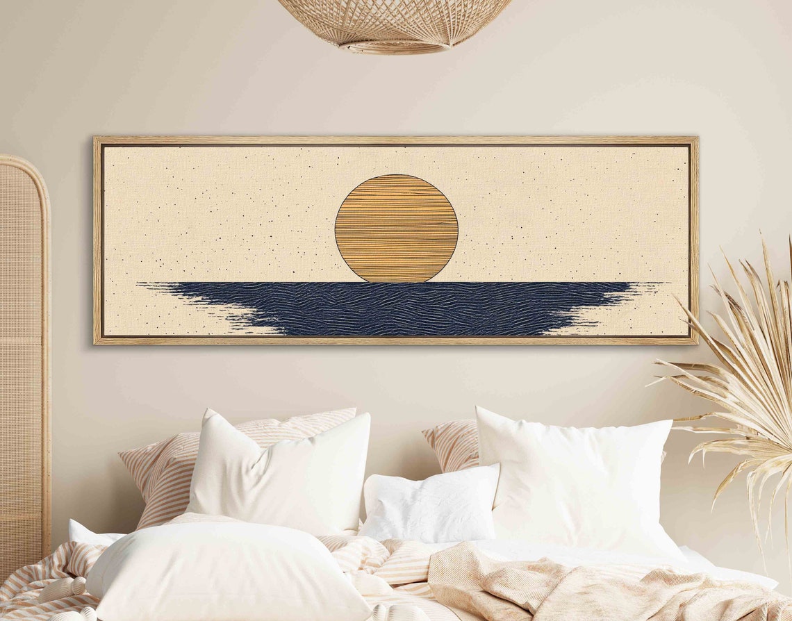 Minimalist Golden Sun Navy Ocean Waves Japandi Boho Sunset Art Print - Image 2