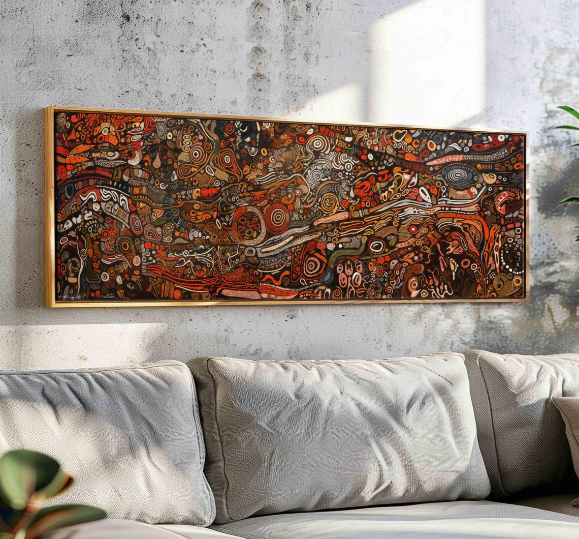 Intricate Tribal Doodle Swirls Rust Tones Panoramic Framed Art Print