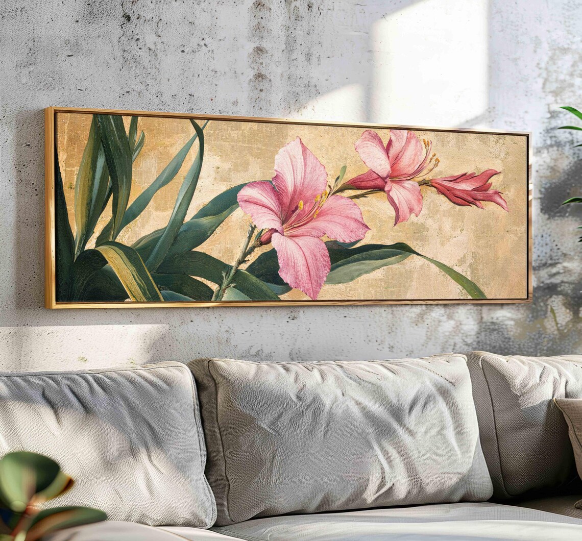 Pink Amaryllis Blossoms on Gold Vintage Botanical Floral Wall Art