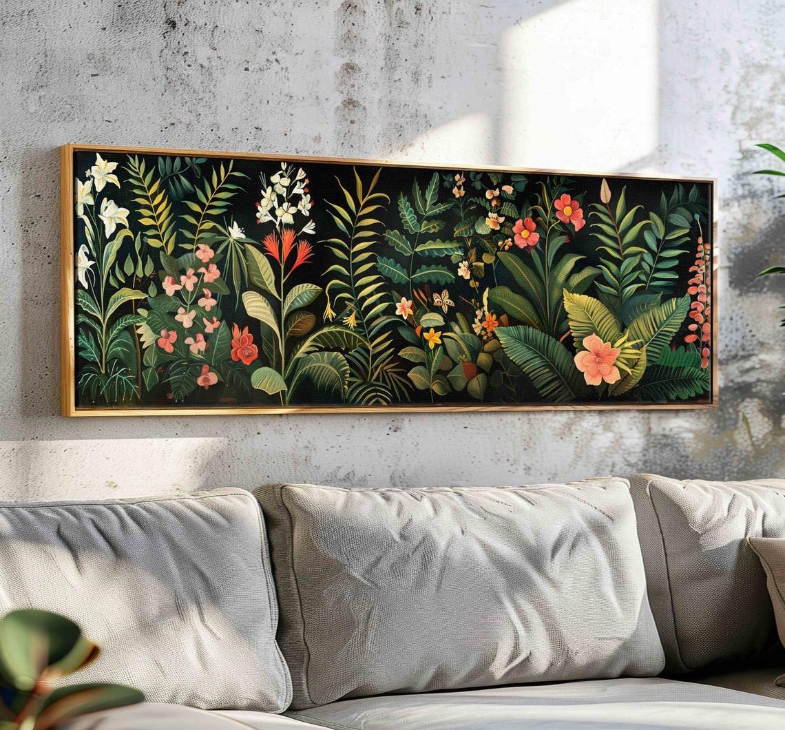 Dark Tropical Jungle Botanical Flowers Panoramic Moody Wall Art