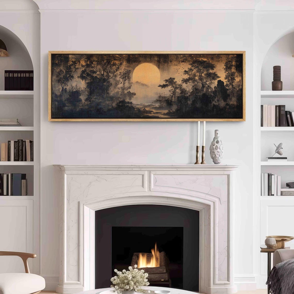 Japanese Full Moon Rising Over Misty Forest Vintage Style Wall Art - Image 3
