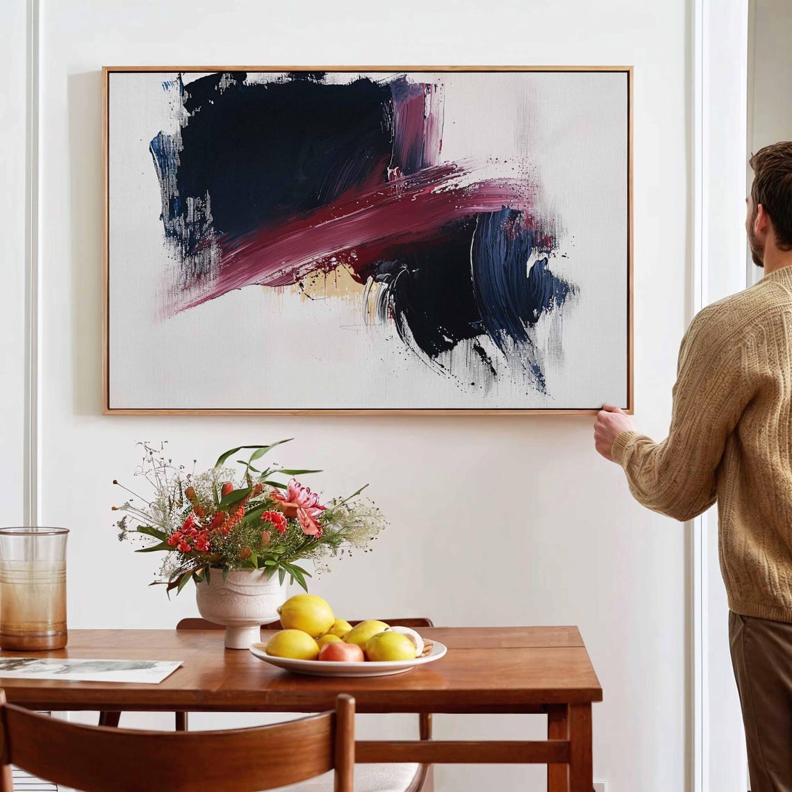 Abstract Navy and Magenta Brushstrokes on White Modern Painting Print