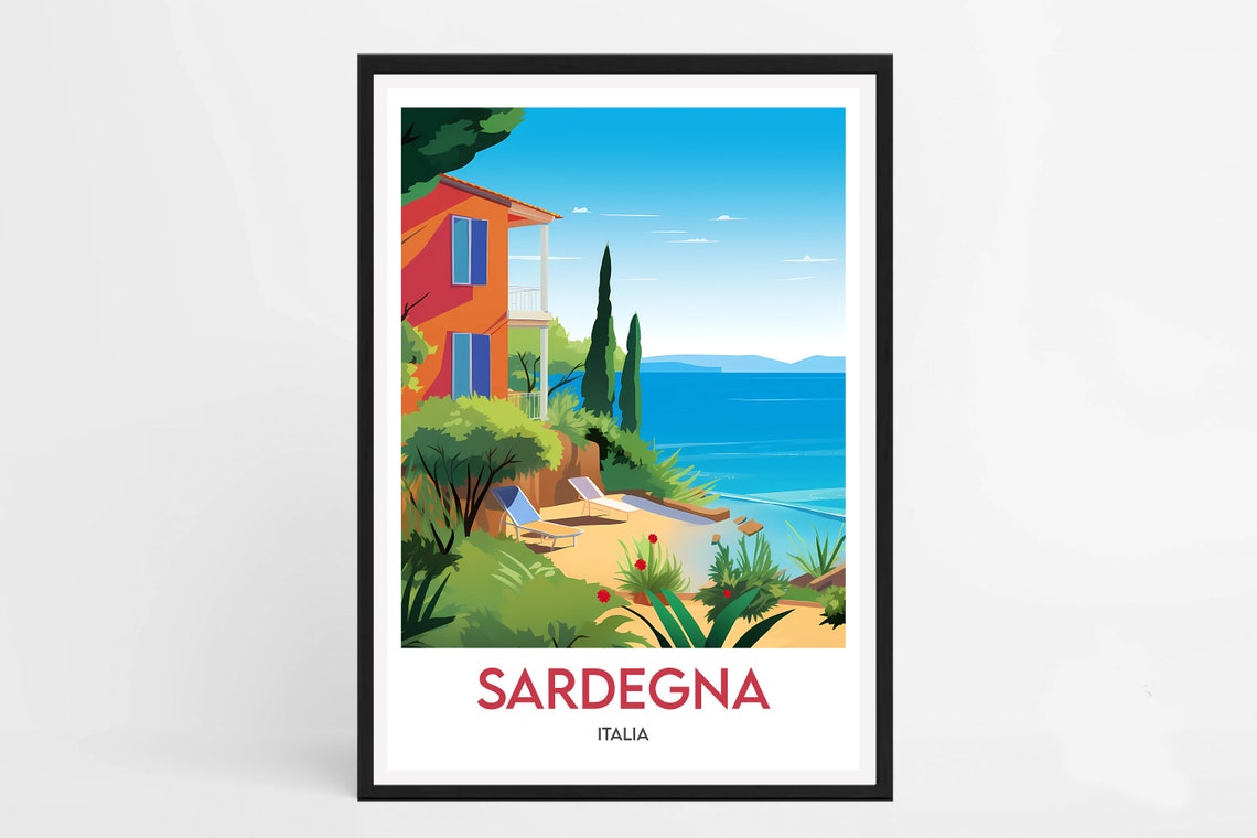 Sardegna Italia Villa Terrace Cypress Trees Beachfront Travel Poster